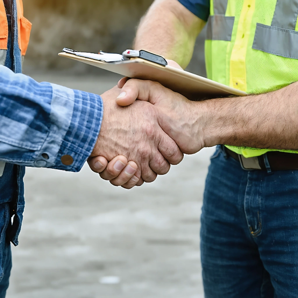 Construction foreman and project manager shaking hands in a concrete work setting