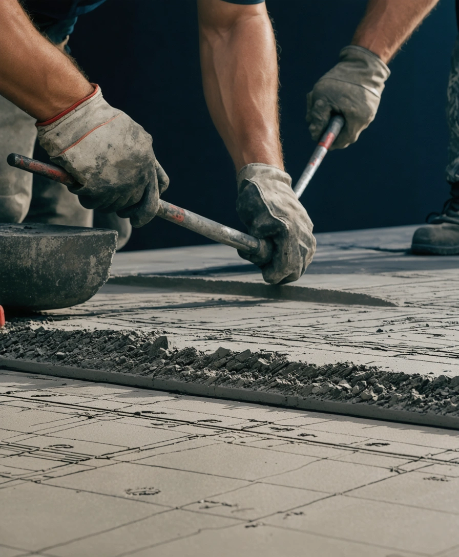 Men working on a concrete surface with faint blueprint grid overlay