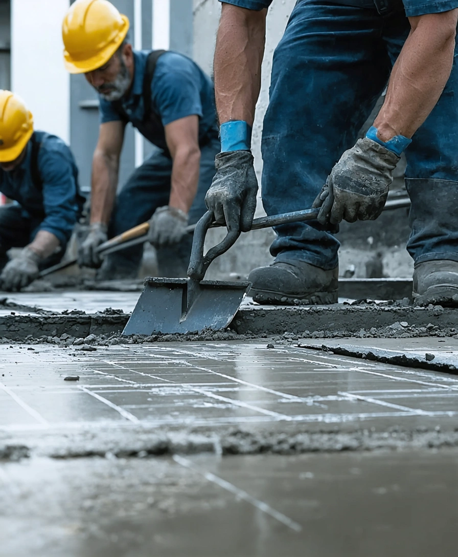 Men working on a concrete surface with faint blueprint grid overlay