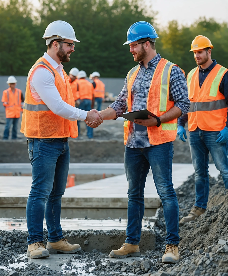 Foreman and inspector shaking hands on a commercial concrete jobsite