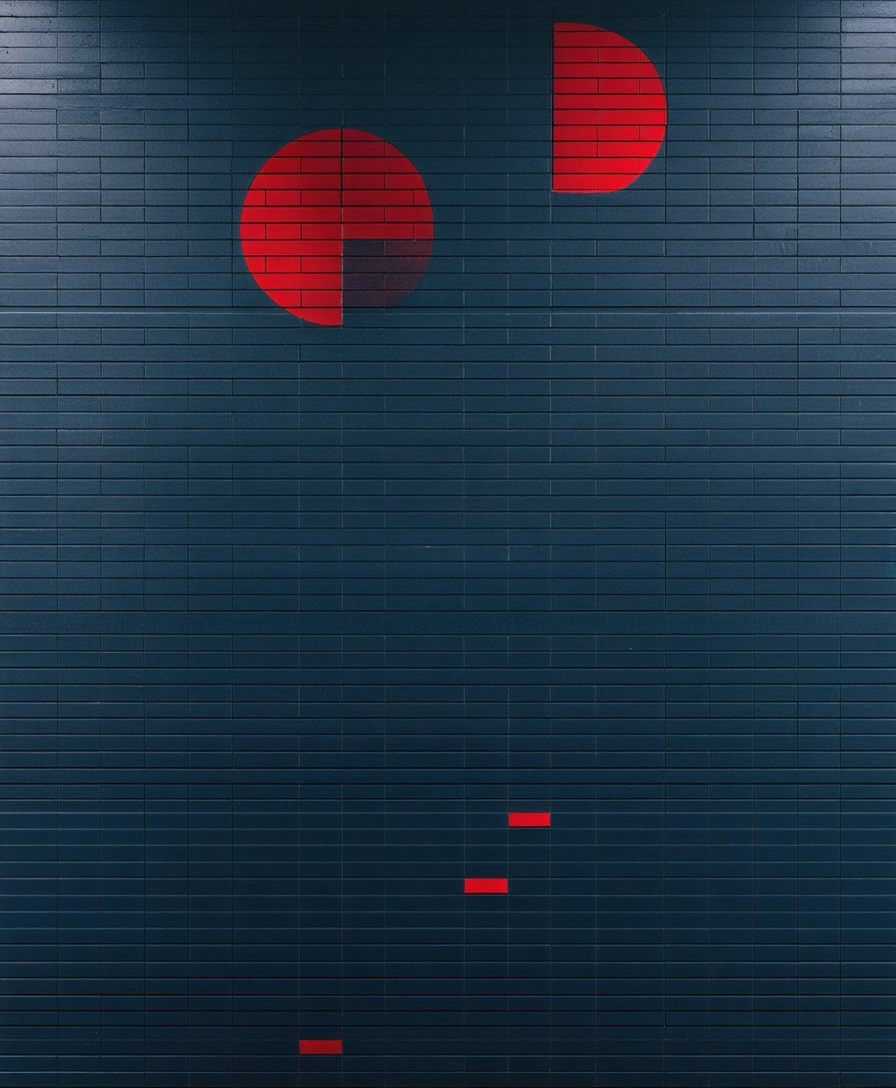 Abstract masonry pattern in navy and gray with red accents