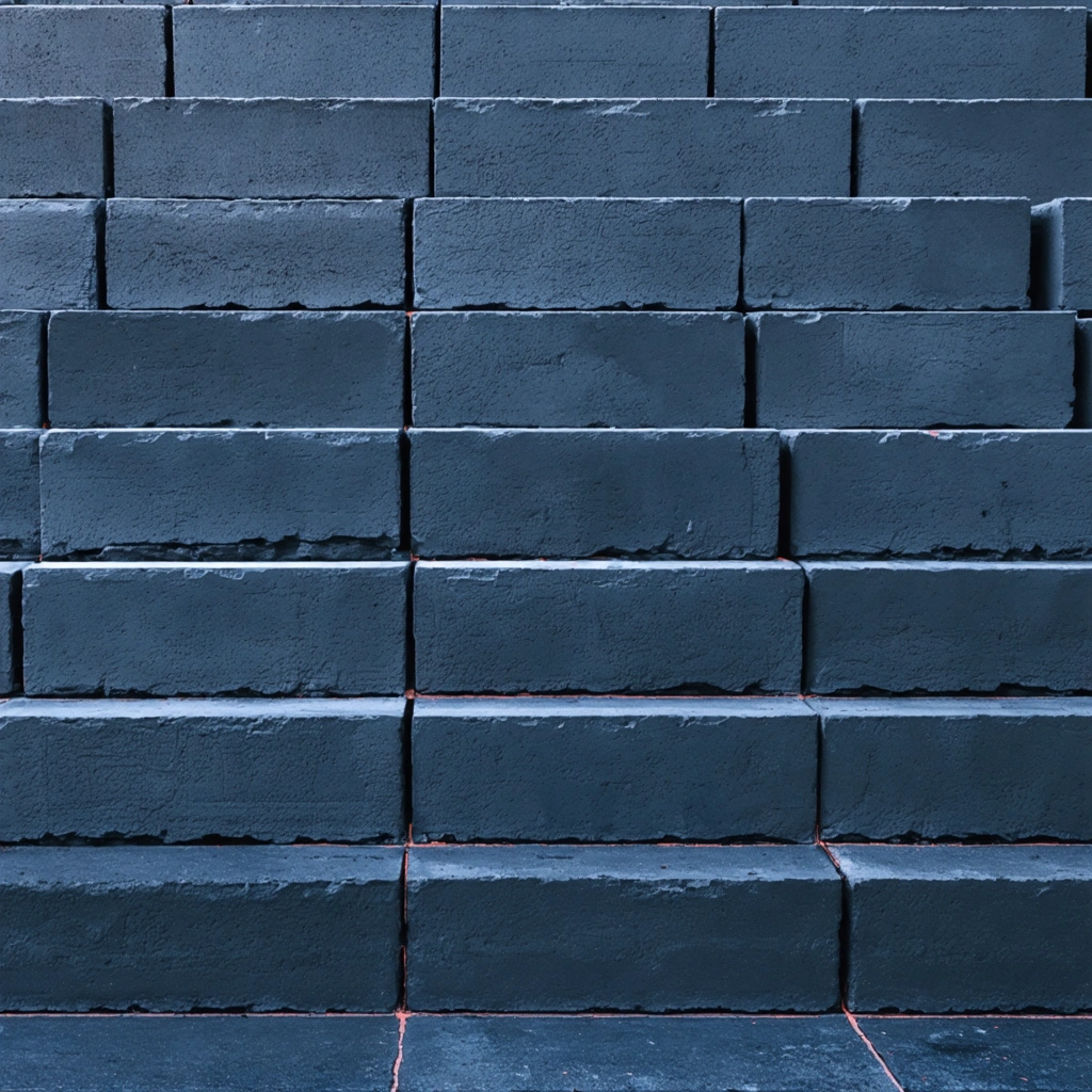 Segmented retaining wall with stepped blocks and faint blueprint overlay