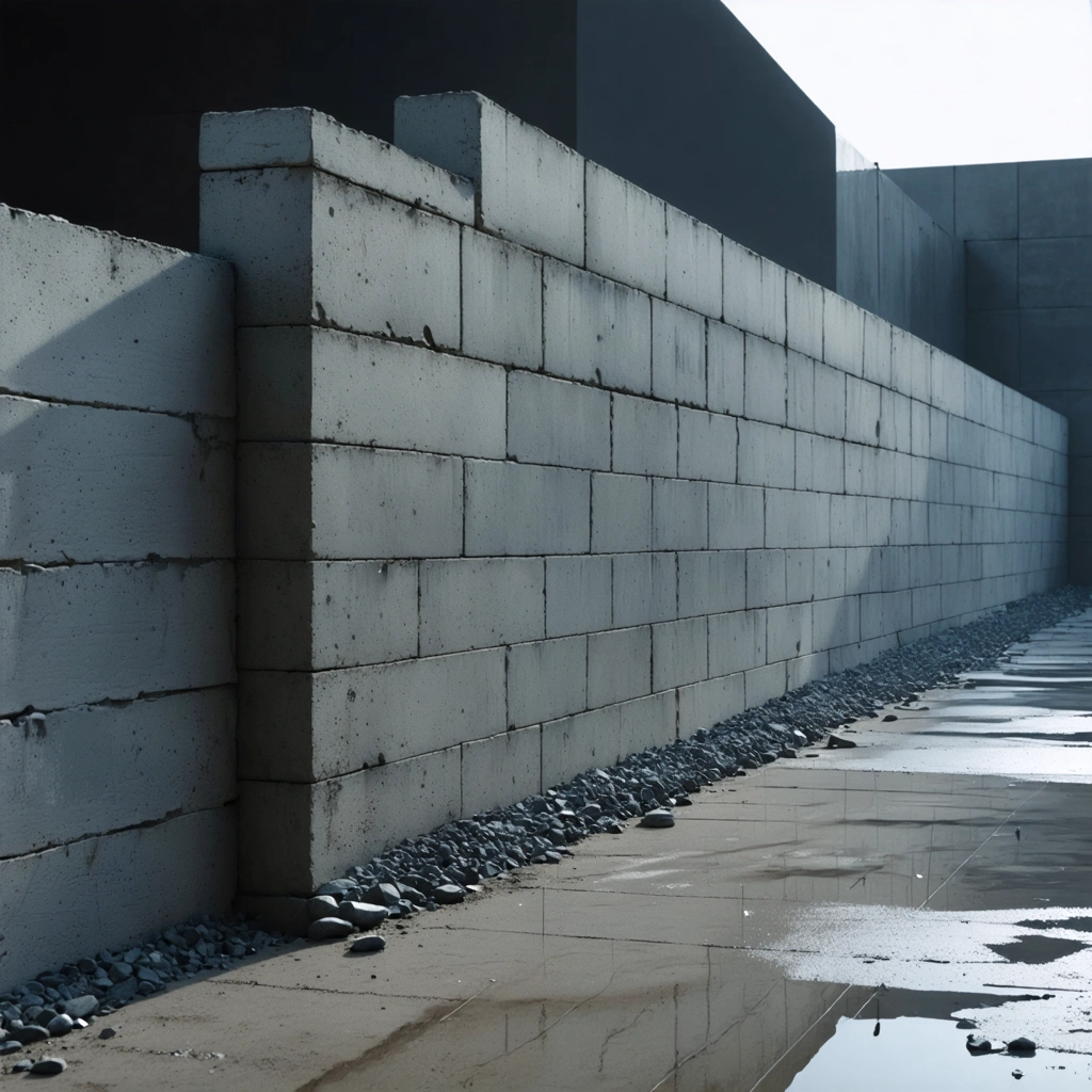 Close up of a retaining wall cement form with gravel drainage layer and backfill gradient